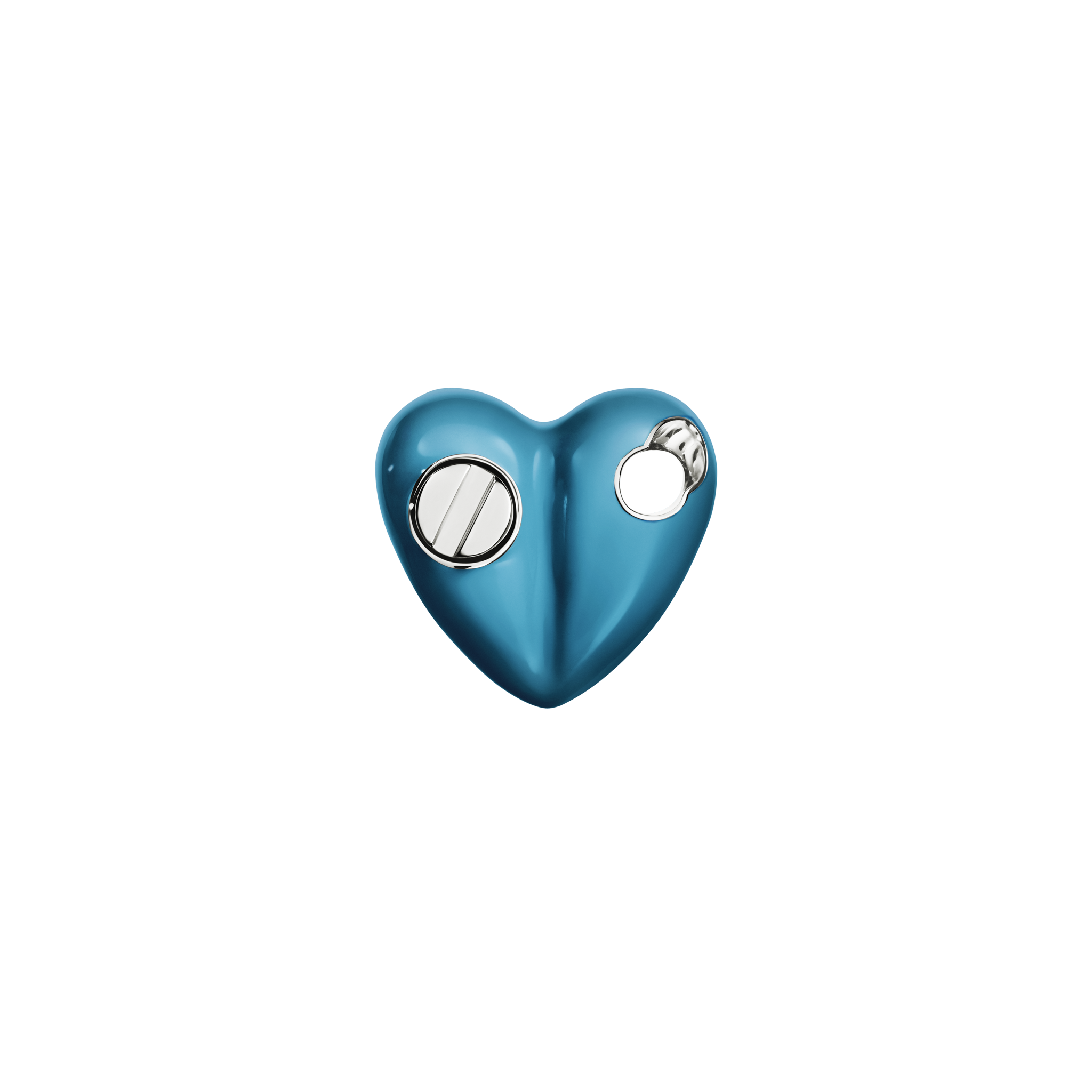 A detail of Bullet Hole Heart Pendant with Screws Mini in Lobster Blue/Grape
